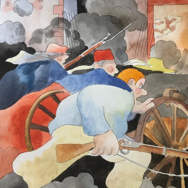 Illustration of soldiers charging with rifles and a cannon wheel in a watercolor art style with gray smoke and an orange sky background.