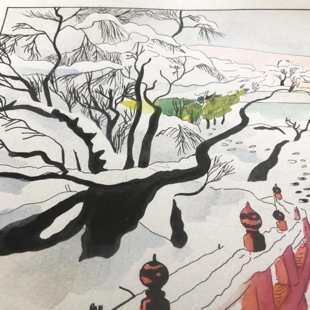 Illustration of a winter landscape featuring snow-covered trees, a path, and red and black decorative elements, rendered in a painterly style.