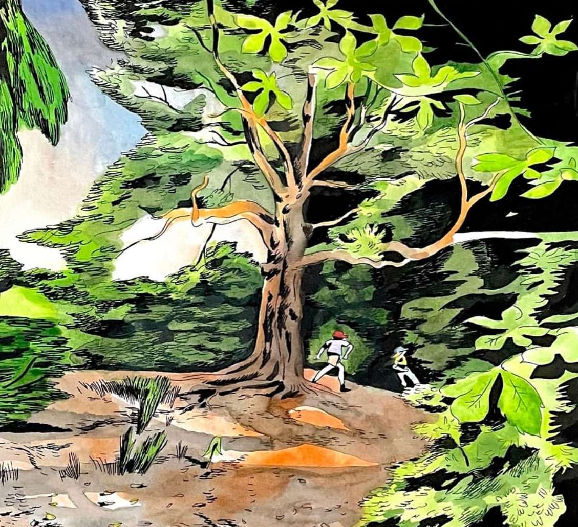 Illustration of a large tree in a forest setting with two figures standing on a path, rendered in a comic book style with green and brown hues.
