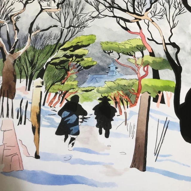 Watercolor painting of two silhouetted figures running through a snowy forest toward a building with a tiered roof on the horizon.