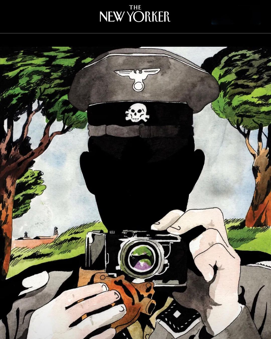 Illustration of a person in military attire holding a camera in front of a landscape, published by The New Yorker.