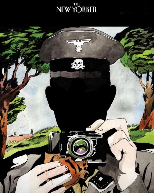 Illustration of a person in military attire holding a camera in front of a landscape, published by The New Yorker.