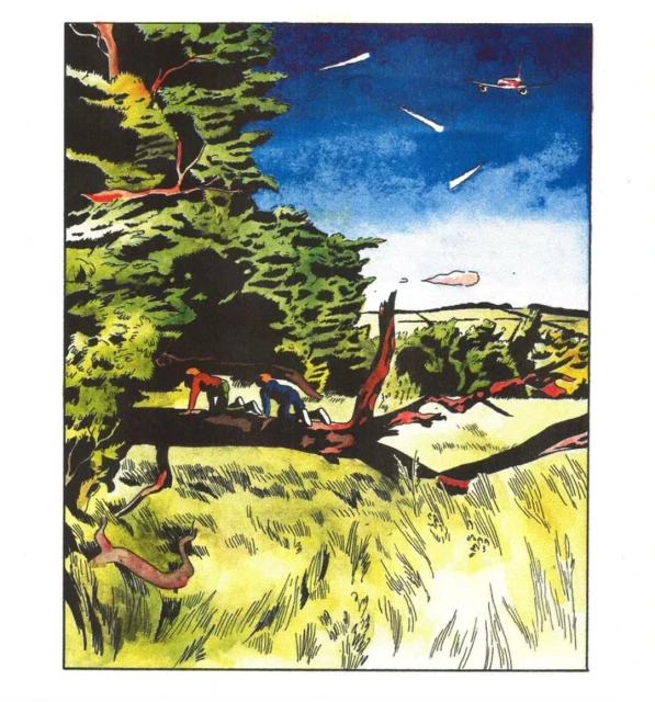 Illustration of two people on a fallen tree in a grassy field with distant hills under a sky with a plane and comet-like objects.