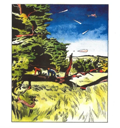 Illustration of two people on a fallen tree in a grassy field with distant hills under a sky with a plane and comet-like objects.