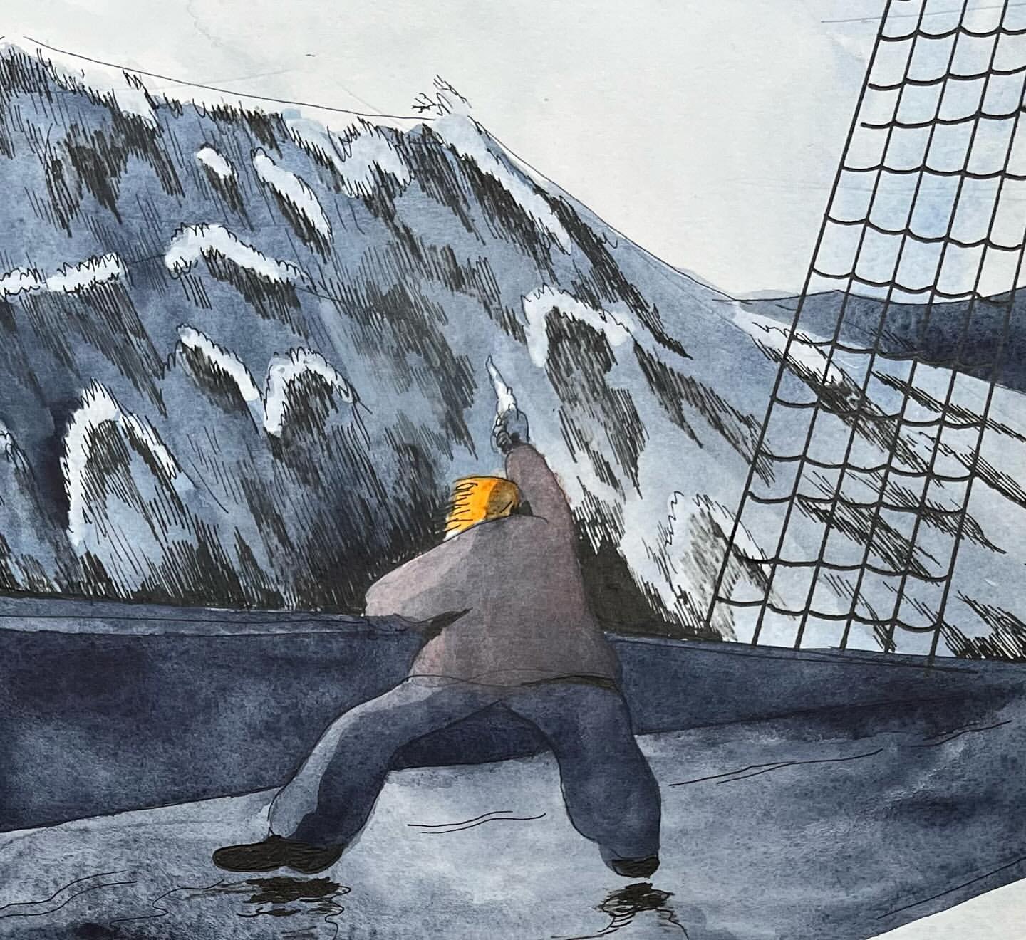 Ink and watercolour painting of a person in dark clothing standing on a dark surface, looking at a large, snow-capped mountain.