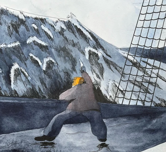 Ink and watercolour painting of a person in dark clothing standing on a dark surface, looking at a large, snow-capped mountain.