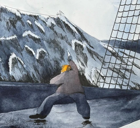 Ink and watercolour painting of a person in dark clothing standing on a dark surface, looking at a large, snow-capped mountain.