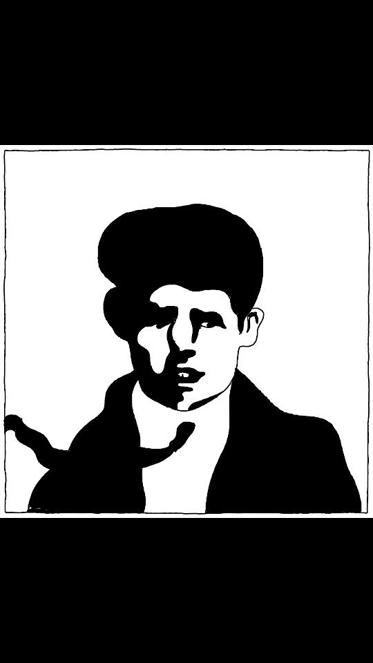 Black and white portrait illustration of a young adult with dark hair, wearing a dark jacket, set against a white background.