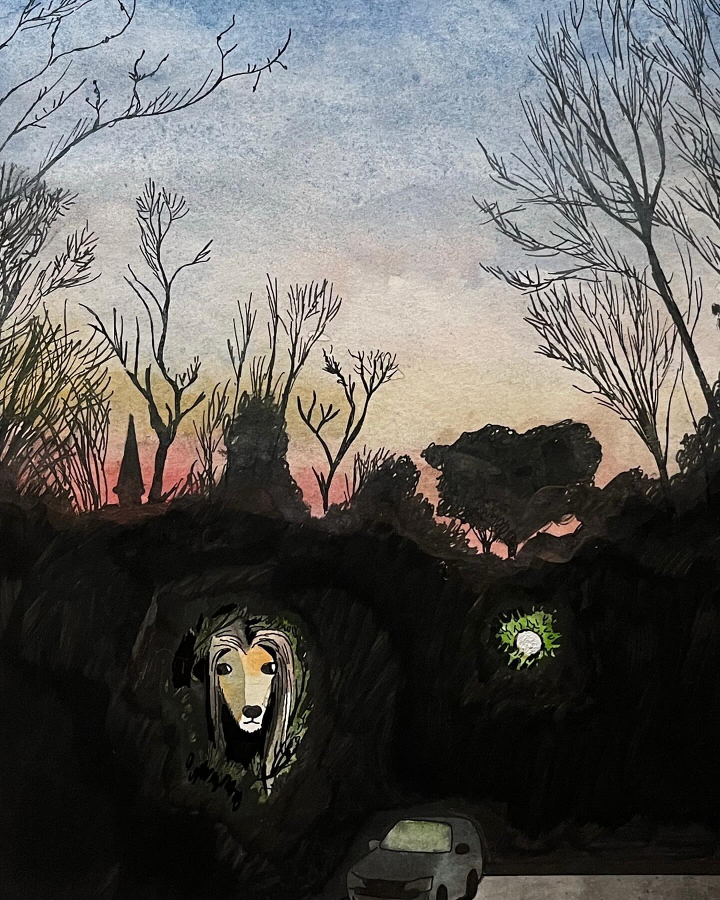 Watercolor painting featuring a mysterious figure in dark foliage, a distant village, and a car on a road at dusk or dawn.