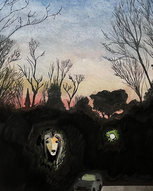 Watercolor painting featuring a mysterious figure in dark foliage, a distant village, and a car on a road at dusk or dawn.