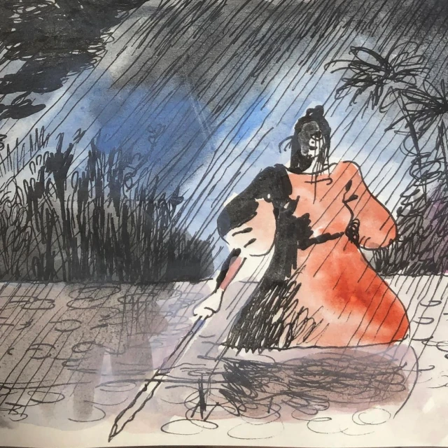 Watercolor art shows a person with a walking stick wading through water in the rain, with sparse trees and vegetation visible.