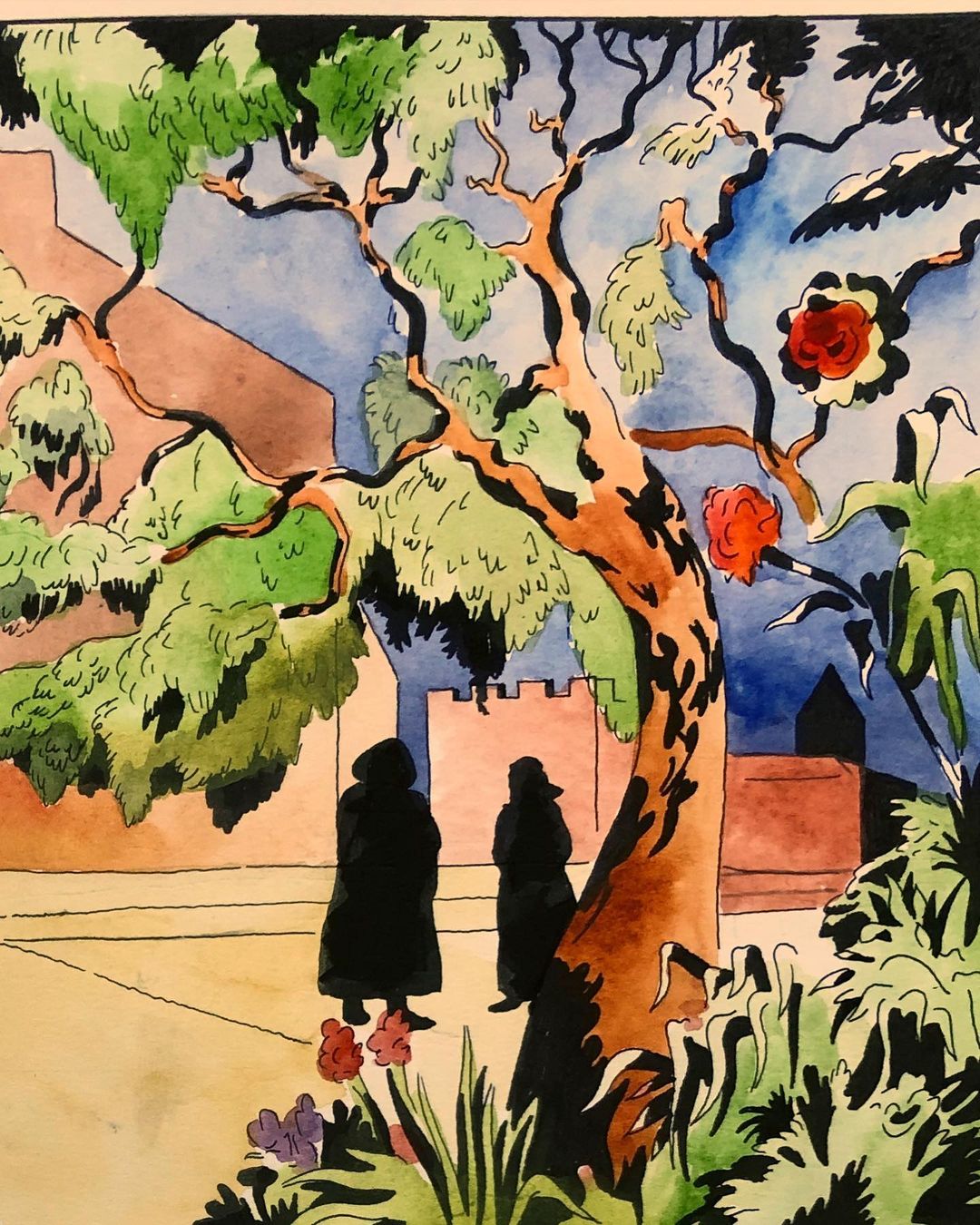 Illustration of two figures under a tree near a wall, rendered in watercolor and ink with visible brushstrokes and vibrant colors.