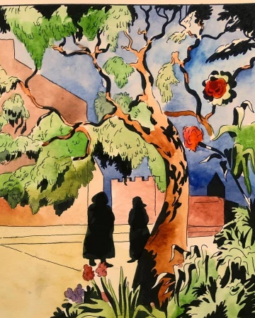 Illustration of two figures under a tree near a wall, rendered in watercolor and ink with visible brushstrokes and vibrant colors.