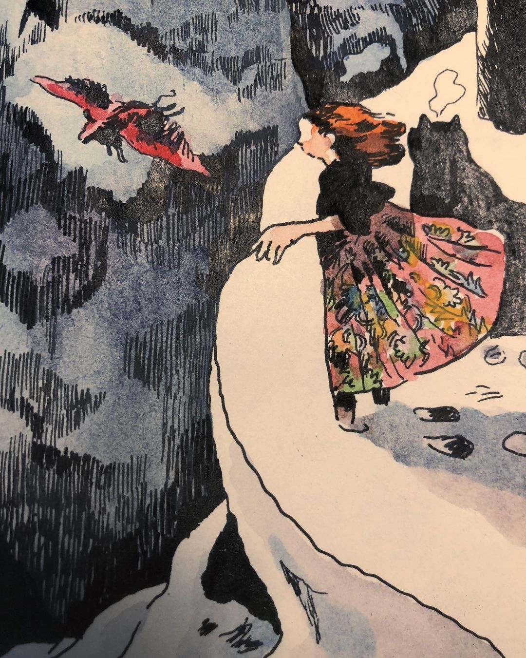 Illustration of a red-winged creature flying over a snow-covered landscape near a woman standing next to a wolf in a winter setting.