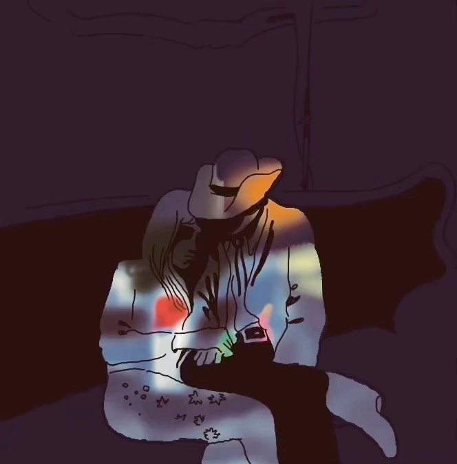 Illustration of a blond woman with head on the shoulder of a cowboy, bathed in rainbow light, seated indoors with dark background.