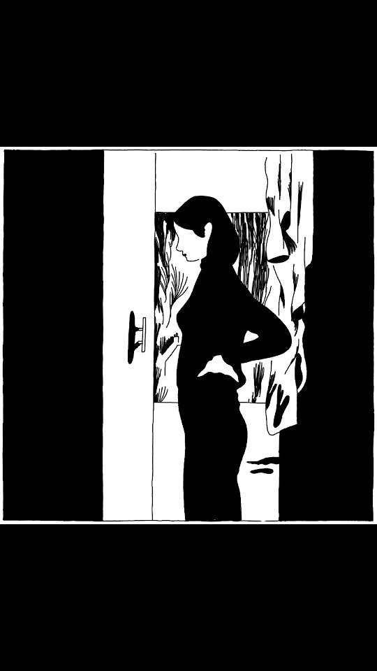 Illustration of a woman in silhouette standing near a doorway, facing away with her hands on her hips, in a black and white drawing.