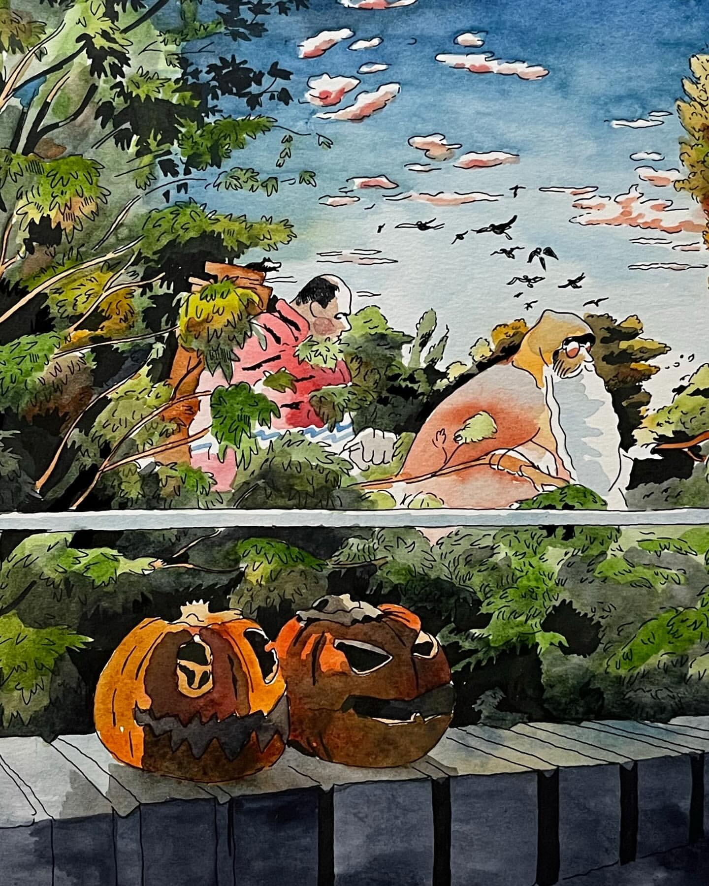 Watercolor painting depicting two jack-o'-lanterns on a wall, people and foliage in the background, and a sky with birds in flight.