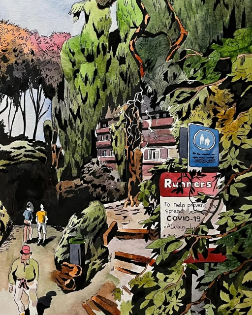 Watercolor painting of people walking on a path in a park with lush trees and foliage, a sign about runners, and a building in the background.