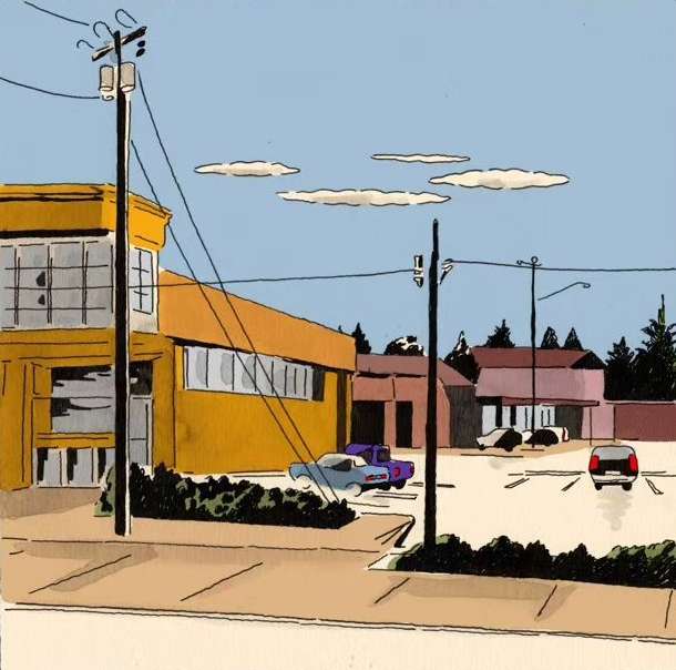 Illustration of a daytime urban scene with commercial buildings, parked cars in a parking lot, telephone poles, and a blue sky.