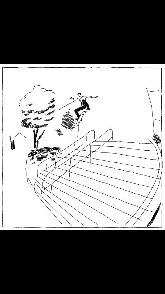 Illustration of a skateboarder performing a trick mid-air next to a staircase, rendered in black and white linework.