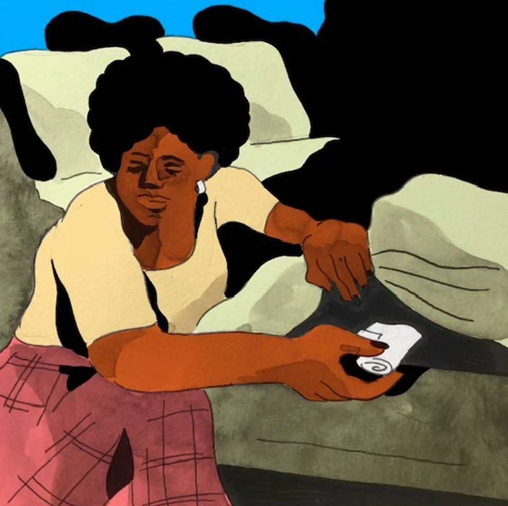 Illustration of African American woman reclining on sofa, wearing a yellow top and pink plaid skirt. Black and blue background. Relaxing.