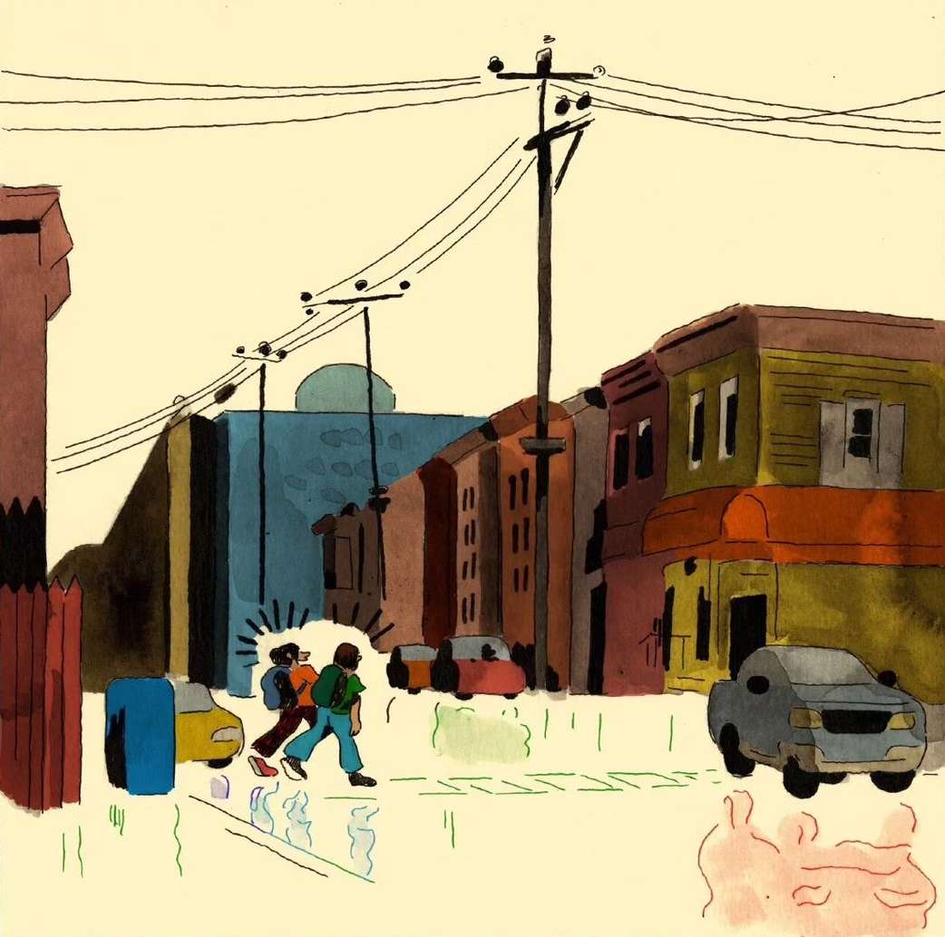 Illustration of two figures crossing a street with cars and buildings in the background on a sunny day.