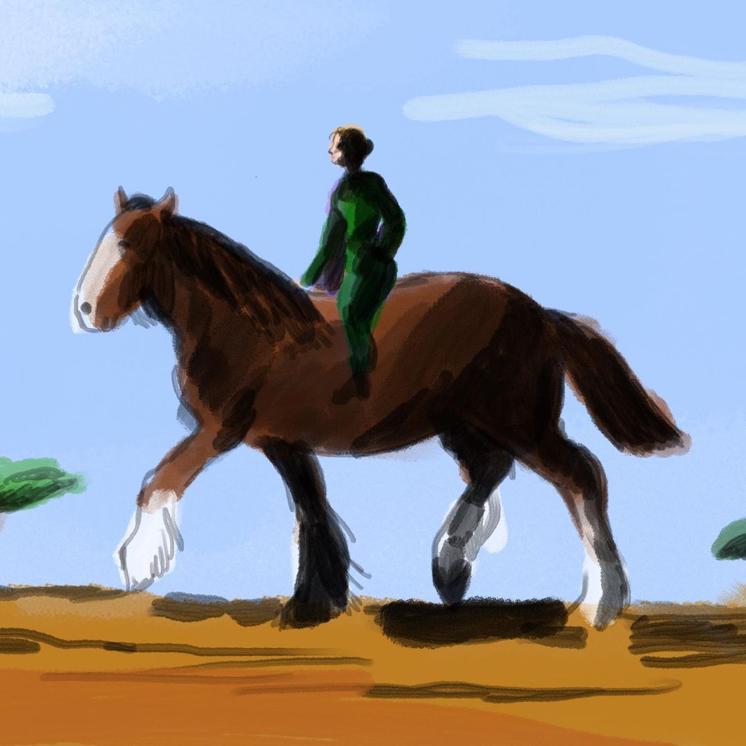 Illustration of a large brown horse being ridden by a person in a green suit under a bright blue sky with green trees.