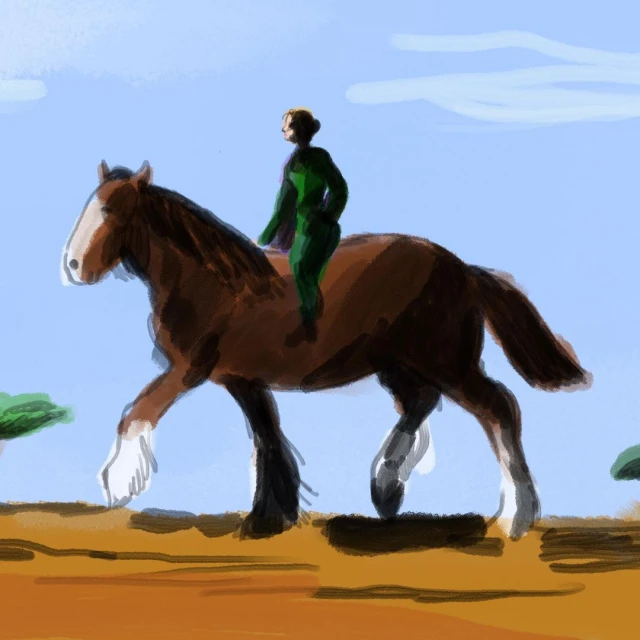 Illustration of a large brown horse being ridden by a person in a green suit under a bright blue sky with green trees.
