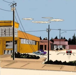 Illustrated street scene with a yellow building, utility poles, parked cars, and small clouds under a blue sky