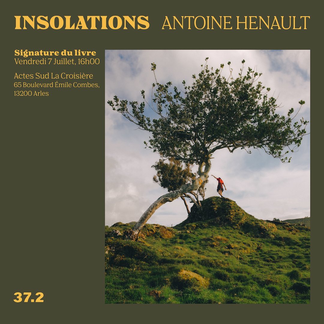 Person in red on a hilltop, near a tree against a cloudy sky, promoting the book 'Insolations' by Antoine Henault.