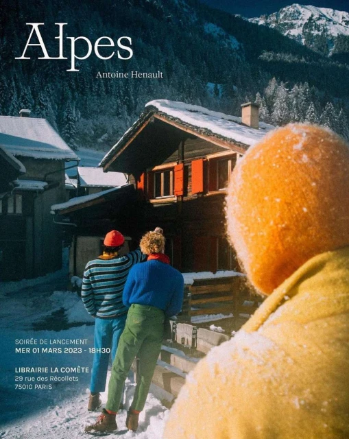 Two people walking in a snowy village near mountains, with a warm, filtered aesthetic reminiscent of a vintage travel advertisement.