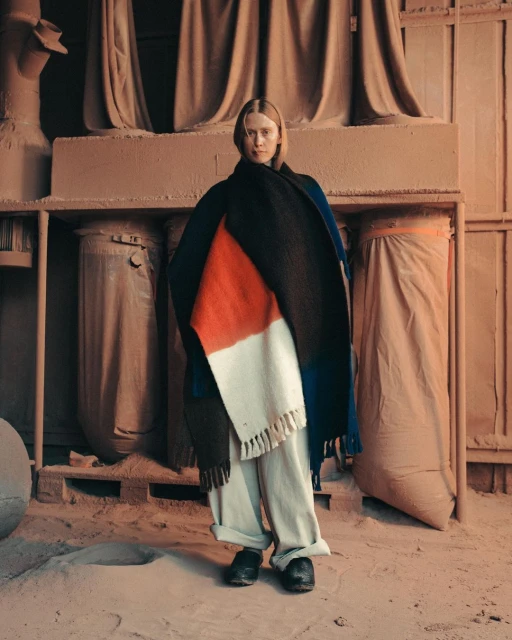 A fair-skinned adult woman stands in an industrial setting wearing a color-blocked scarf, neutral pants, and dark shoes, with neutral colors.