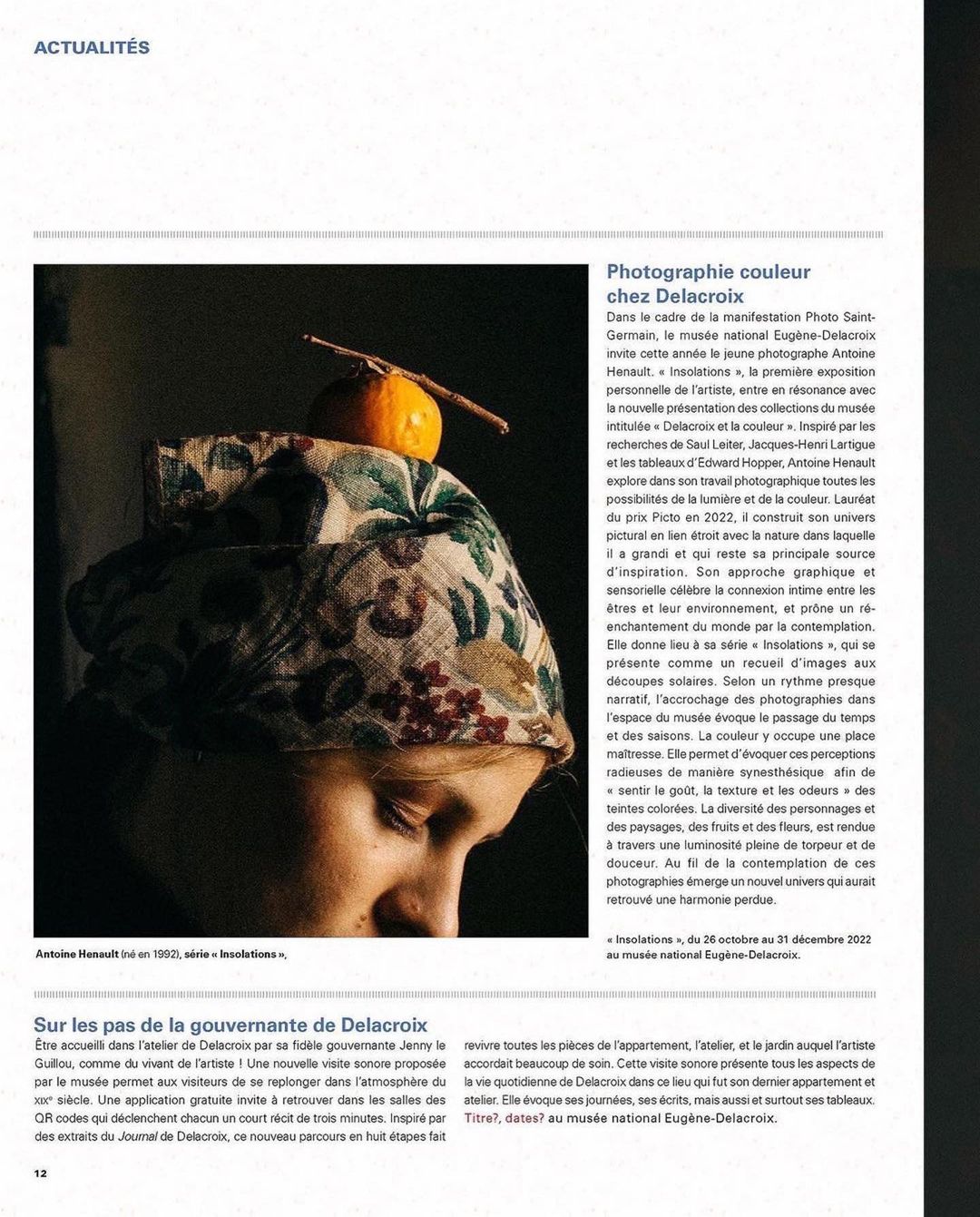 Close-up studio shot: Young woman wearing a patterned headscarf and a piece of fruit on her head, eyes closed.