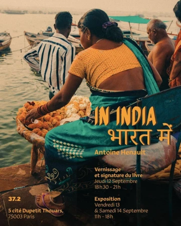 Outdoor scene in India showcases woman selling marigolds near boats on water. Art poster with event details in French.