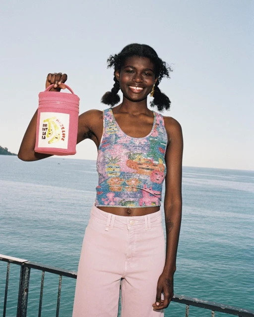 A smiling Black woman poses outside with a pink bag featuring banana designs, wearing a colorful top and pink pants against a sea view.