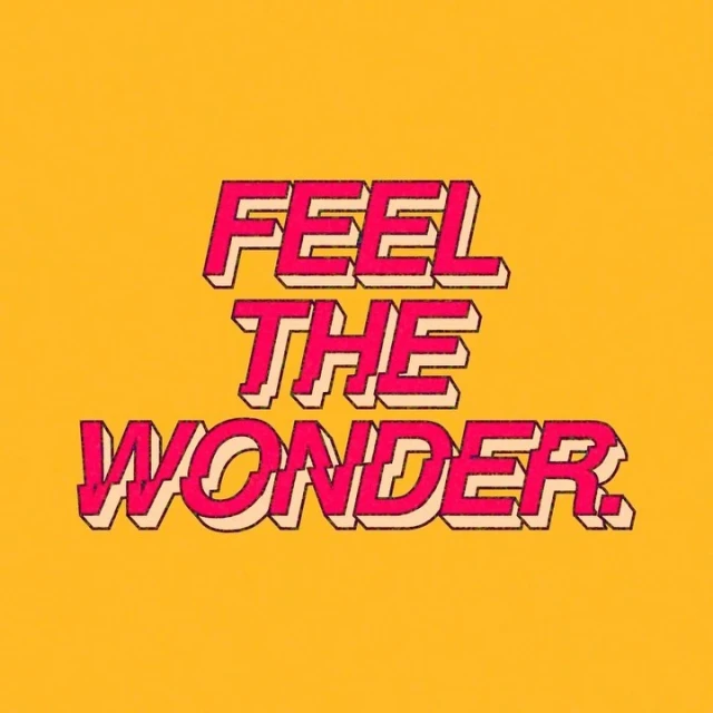 Feel The Wonder graphic text art on yellow background. Bold pink lettering with vintage texture and dimensional shadow. Retro-inspired design.