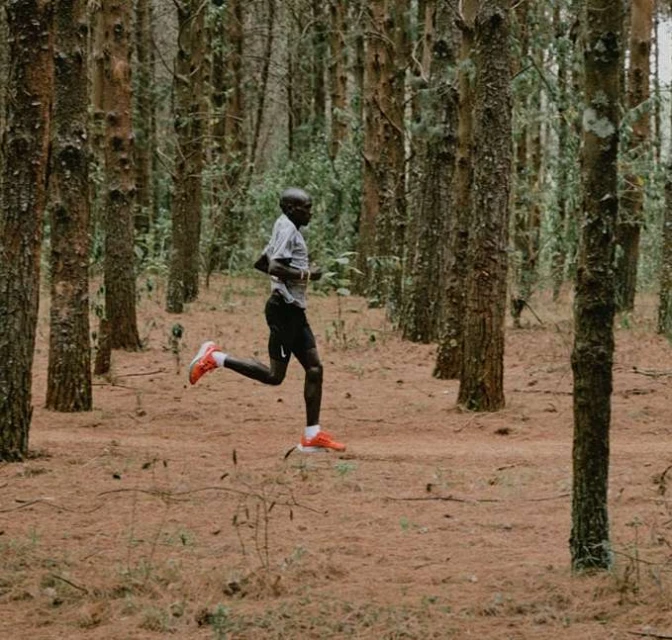Male athlete runs through a forest of tall trees on a dirt path in a medium shot. He wears a grey shirt, black shorts, and orange running shoes.