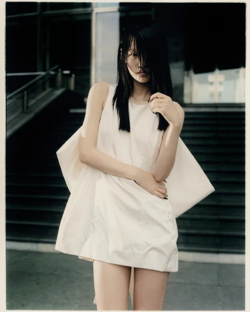 Young woman in a sleeveless mini dress posing outdoors against a modern staircase and glass-front building, editorial fashion shot.
