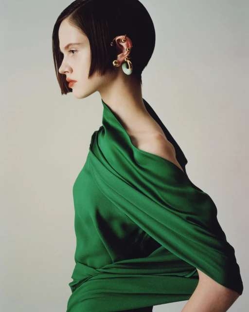 A young, elegant woman with a bob haircut poses in a profile shot, wearing a green gown and ear cuff in a brightly lit, neutral studio.