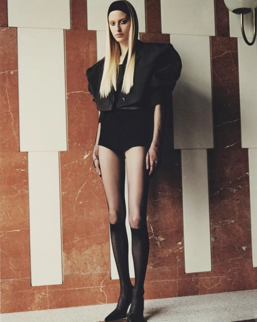 A fair-skinned fashion model poses indoors in a black outfit, including a blazer and high-waisted shorts, against a geometric backdrop.
