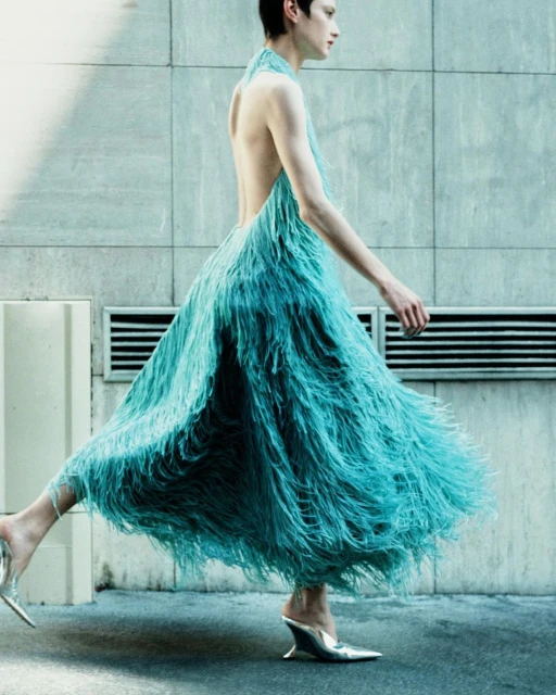 A fashion model poses in a flowing, turquoise fringed dress and pointed silver mules against a concrete city wall. 