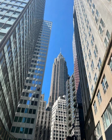 Tall buildings rise to meet a clear blue sky in an urban downtown setting, emphasizing architecture and cityscape.