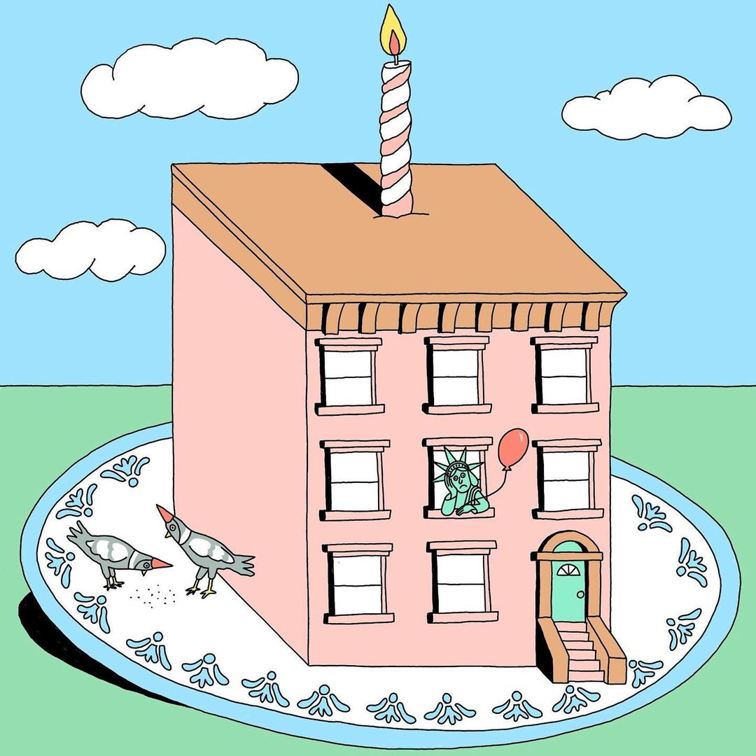 Illustration of a birthday cake shaped like a building with a candle on top, set on a plate with pigeons and the Statue of Liberty.