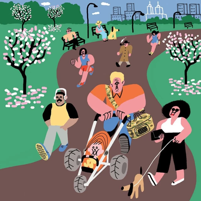 Illustration of people enjoying a spring day in the park, including a parent with a stroller, a dog walker, and others walking, running, and relaxing.