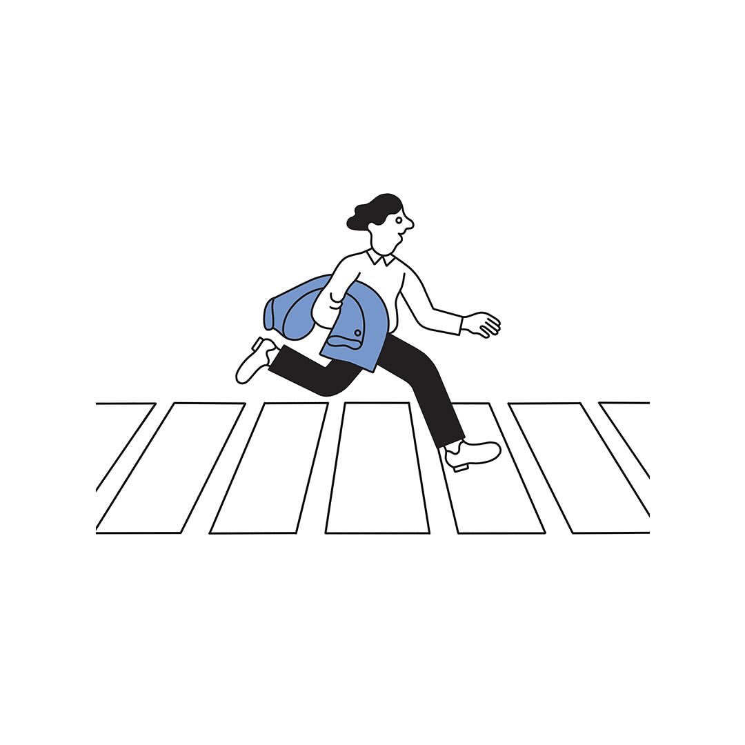 Illustration of a person running across a crosswalk, carrying a blue jacket. The style is simple and graphic, set against a white background.
