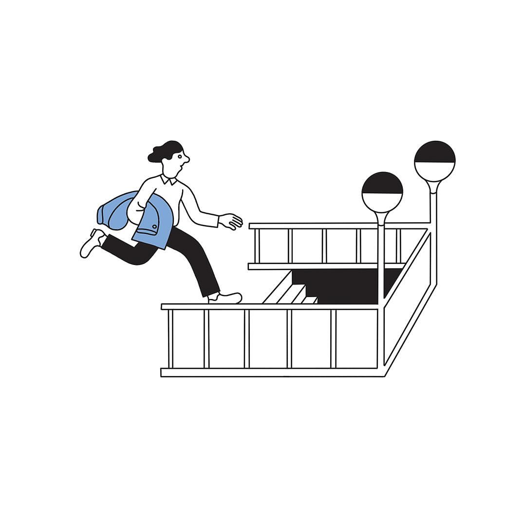 Illustration of a person with a coat, jumping at a subway station entrance with lamps, in black and white on a white background.