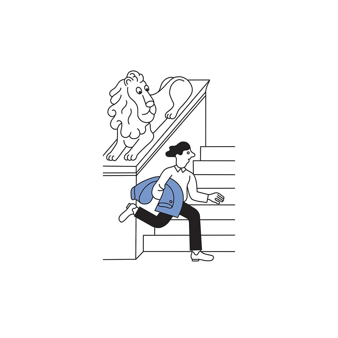 Illustration of a person in casual attire running down a staircase, carrying a jacket, with a decorative lion statue in the background.