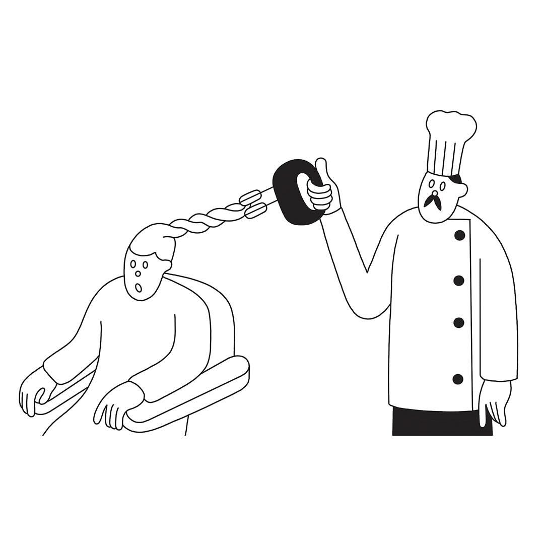 Illustration of a chef giving a customer a haircut with a cooking utensil, with black outlines and a white background.  
