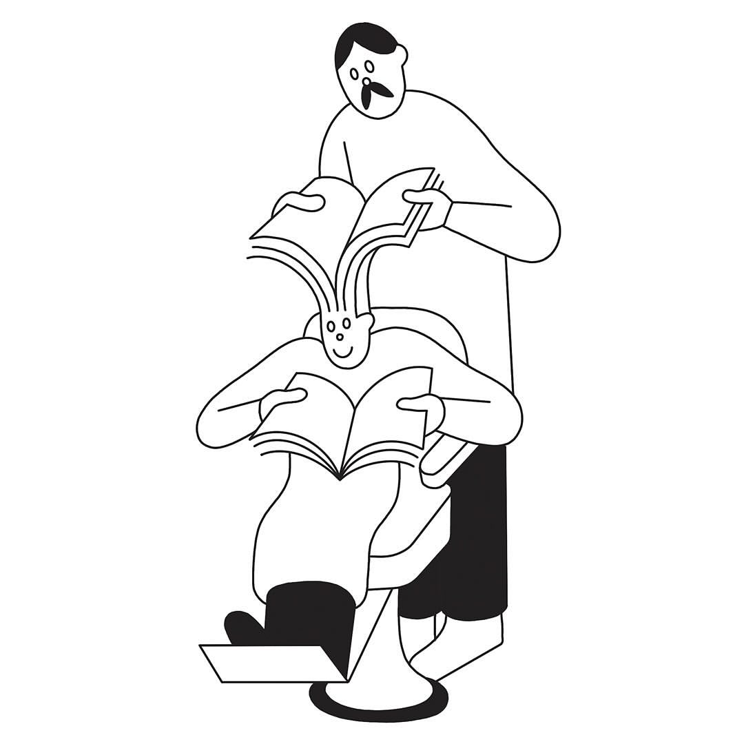 Line drawing of two stylized men, one standing and holding a book over another man's head, the seated man also holds an open book.