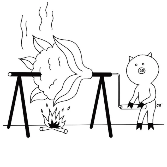 Line art illustration of a cauliflower roasting on a spit over a fire, turned by a pig character, against a white background.